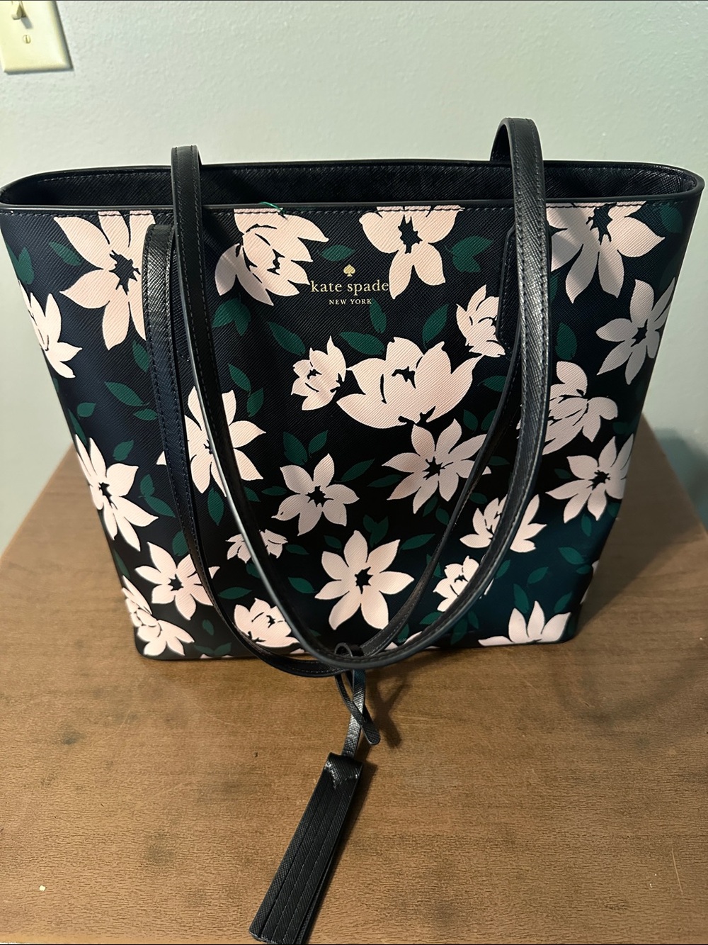 Kate Spade Jana Black Floral Tote with Pink Flowers and Green Leaves - Picture 6 of 6